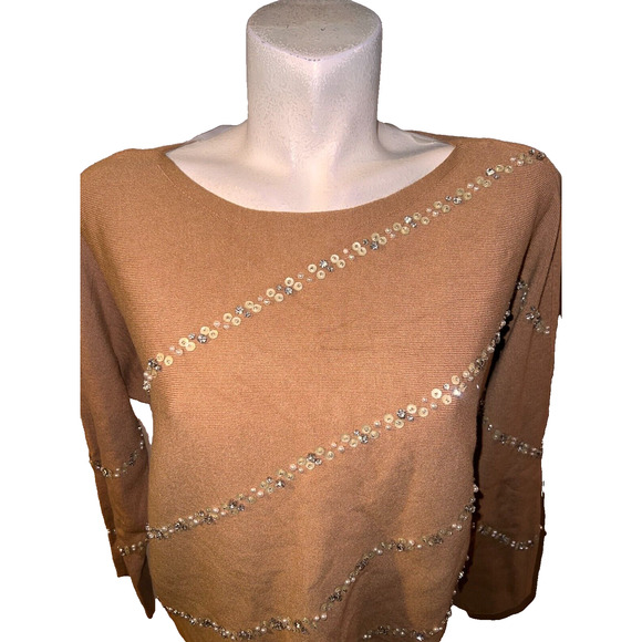 New CHICO'S Sweater Sz L (2) Camel Diagonal Beaded Embellished Pullover Knit Top - Picture 2 of 7